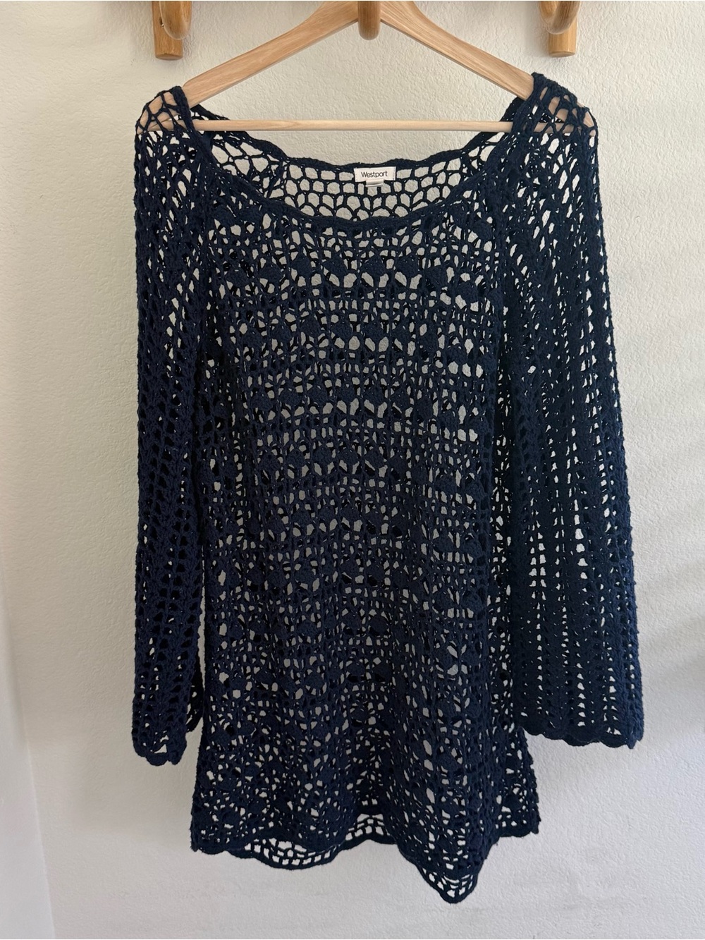 Boho festival Navy Blue Crochet Open Knit Long Sleeve Tunic dress Cover Up